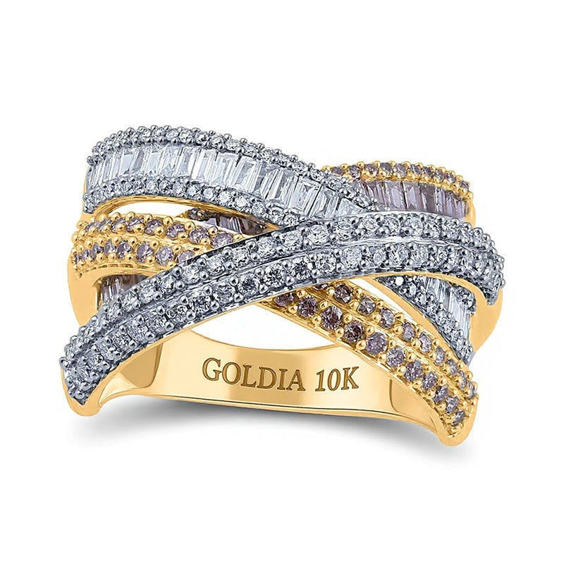 1.5 CT. TW Champagne and White Diamond Layered Criss-Cross Ring in 10K Gold