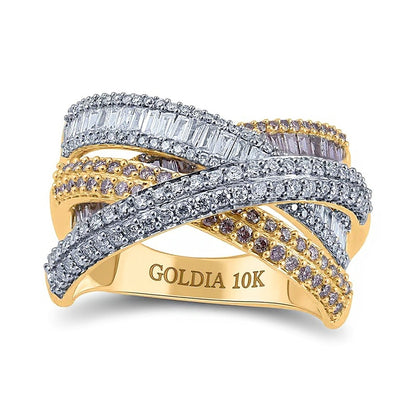 1.5 CT. TW Champagne and White Diamond Layered Criss-Cross Ring in 10K Gold