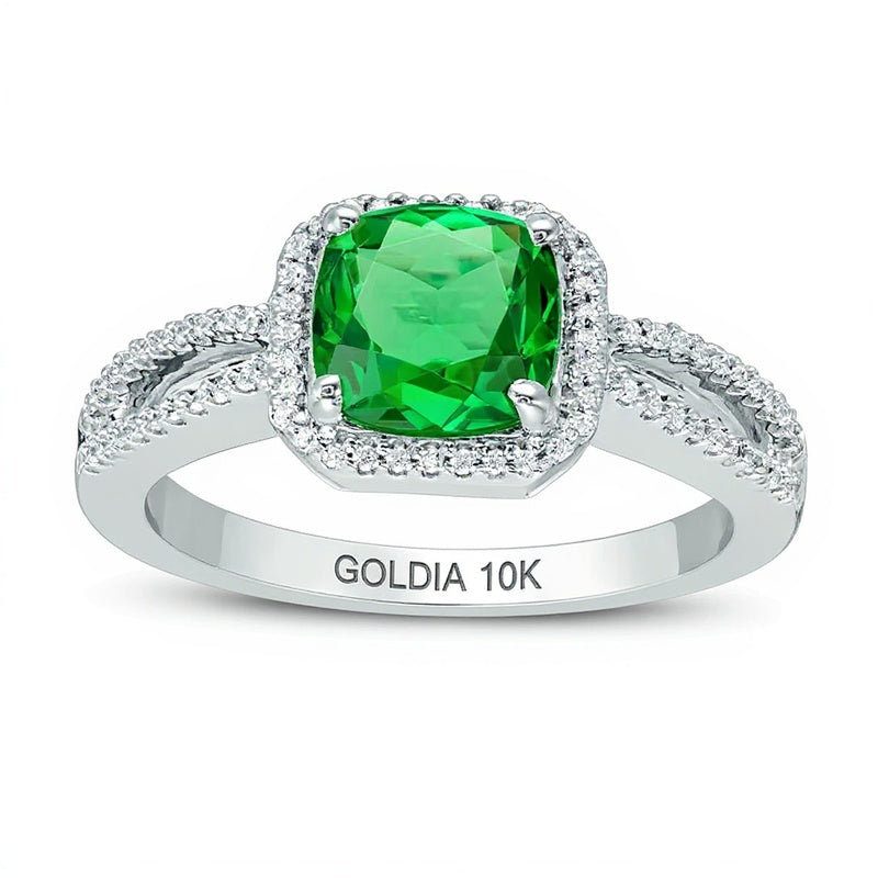7.0mm Cushion-Cut Lab-Created Emerald and 0.13 CT. TW Diamond Frame Split Shank Engagement Ring in 10K White Gold