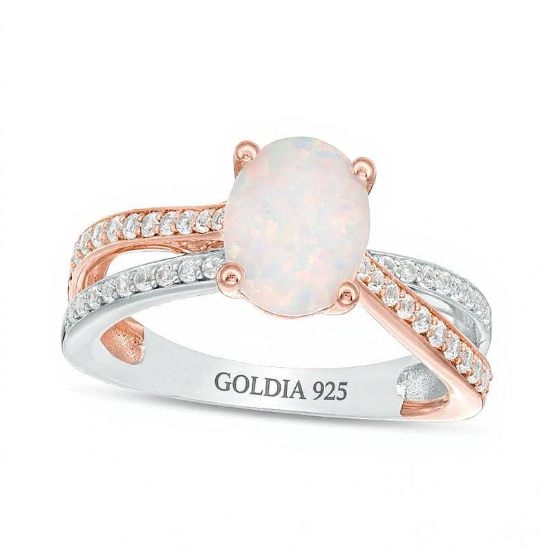Oval Opal and 0.25 CT. TW Diamond Crossover Ring in Sterling Silver and Rose Rhodium