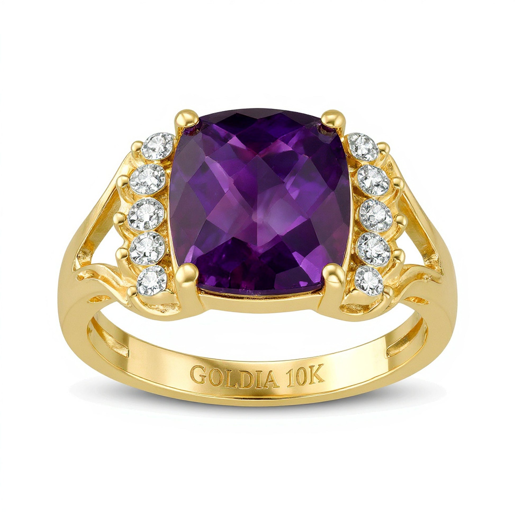 Cushion-Shaped Amethyst and 0.1 CT. TW Diamond Starburst Frame Ring in 10K Gold