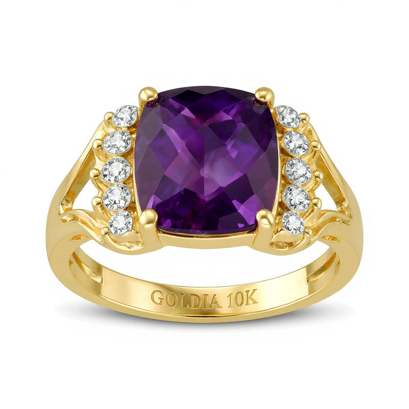 Cushion-Shaped Amethyst and 0.1 CT. TW Diamond Starburst Frame Ring in 10K Gold