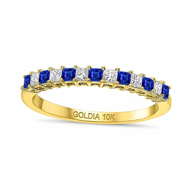 Princess-Cut Blue Sapphire and 0.2 CT. TW Princess-Cut Diamond Alternating Anniversary Band in 10K Gold