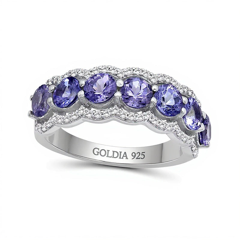 4.0mm Tanzanite and White Lab-Created Zircon Scallop Border Seven Stone Ring in Sterling Silver