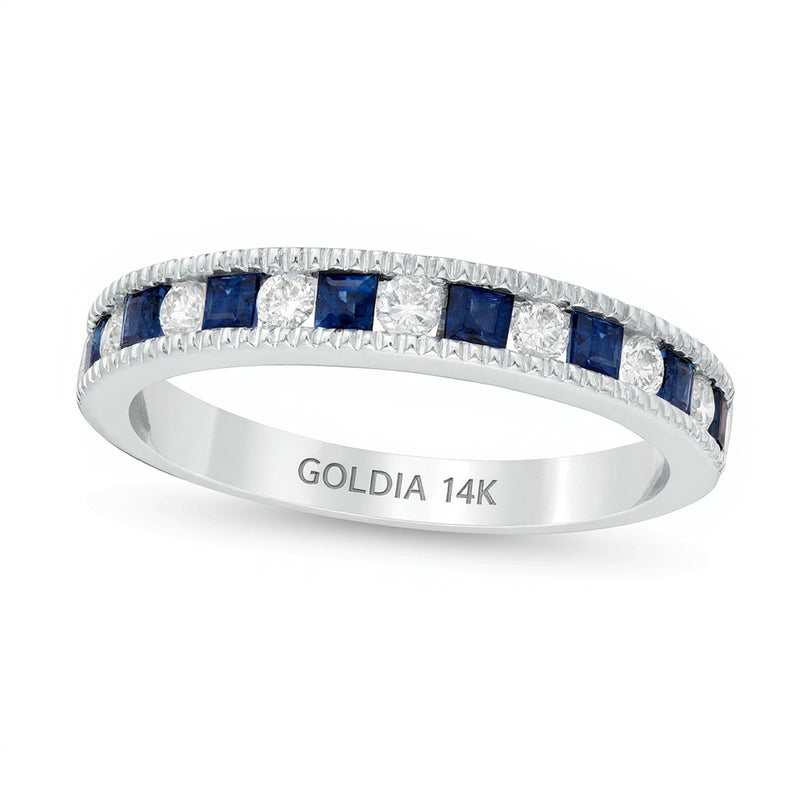Princess-Cut Blue Sapphire and 0.2 CT. TW Diamond Milgrain Border Alternating Geometric Band in 14K White Gold