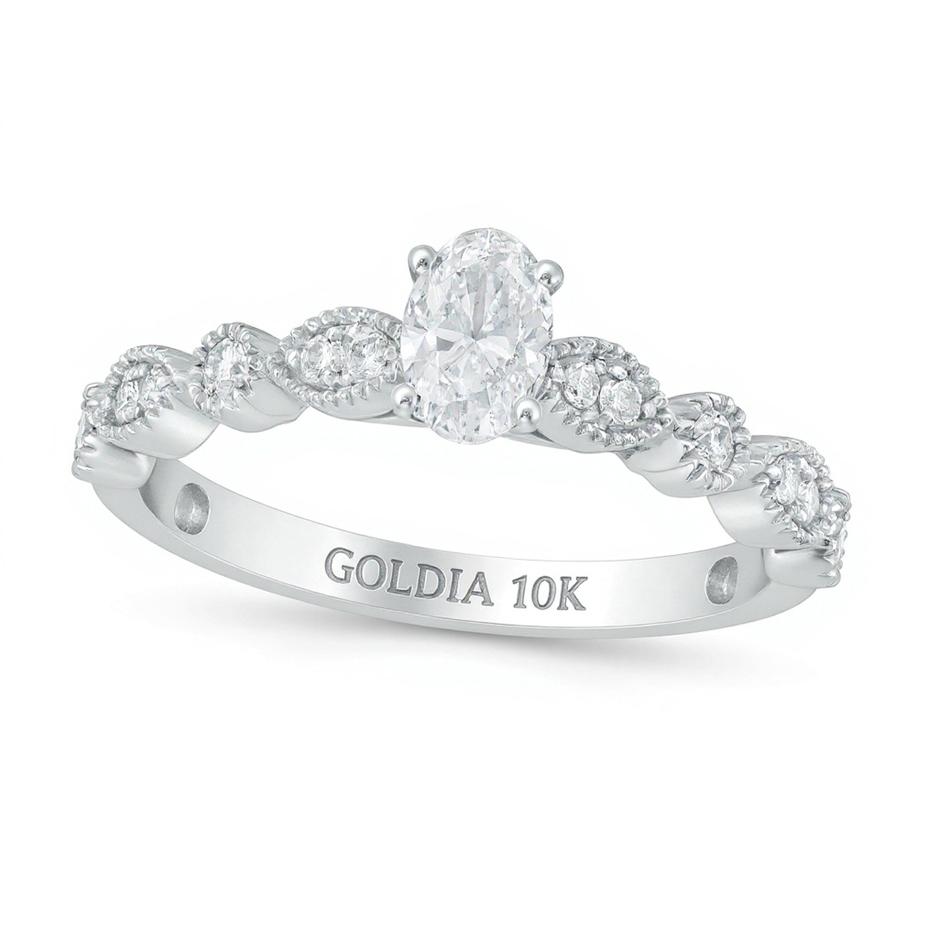 0.5 CT. TW Oval Diamond with Marquise Shapes Vintage-Style Engagement Ring in 10K White Gold