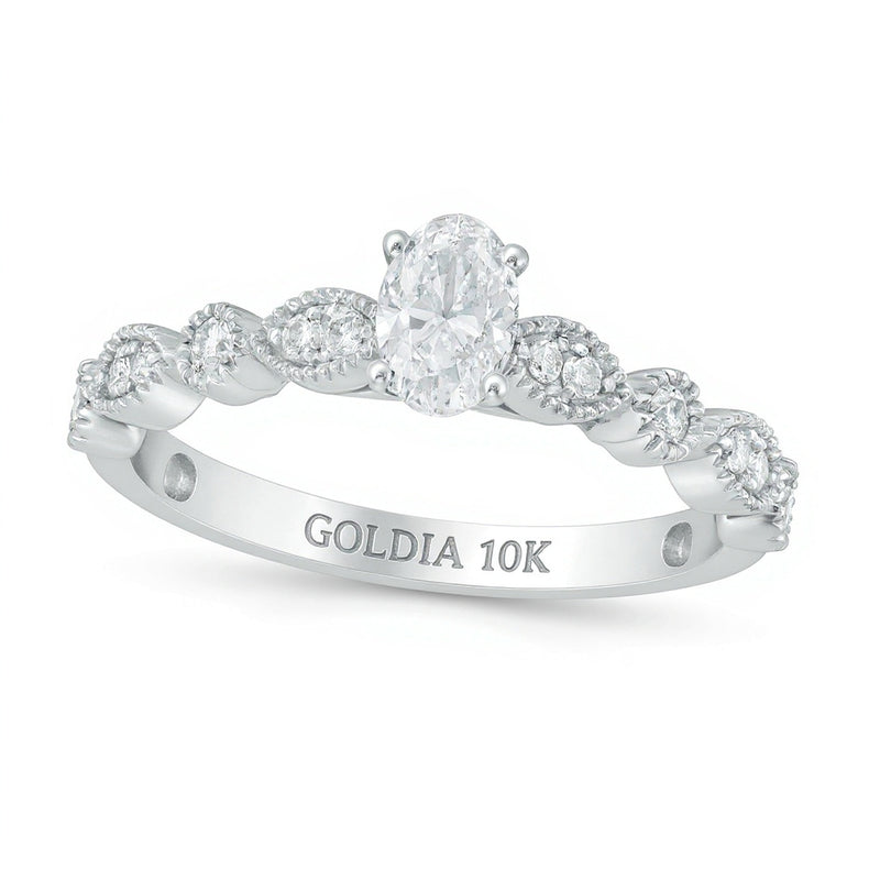 0.5 CT. TW Oval Diamond with Marquise Shapes Vintage-Style Engagement Ring in 10K White Gold