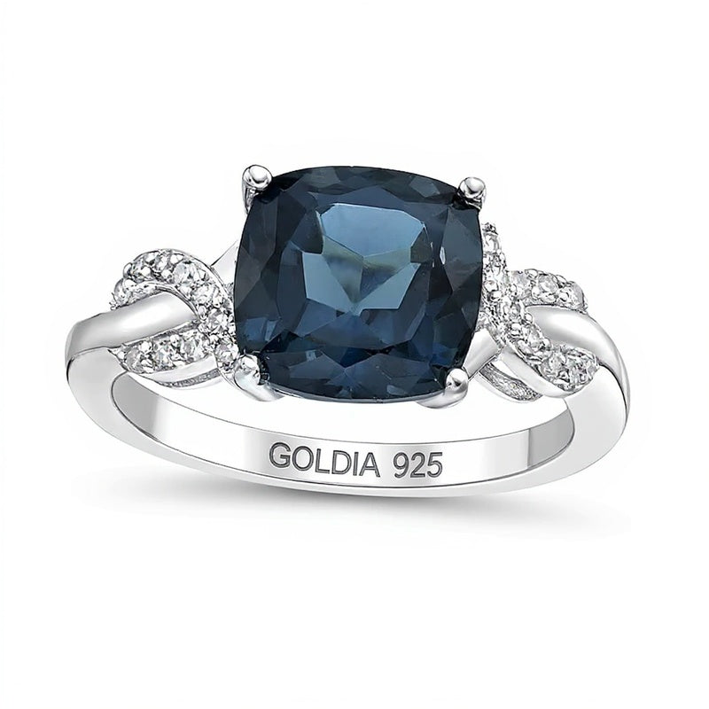 8.0mm Cushion-Shaped London Blue Topaz and 0.1 CT. T.W. Diamond Twist Sides Ring in Sterling Silver