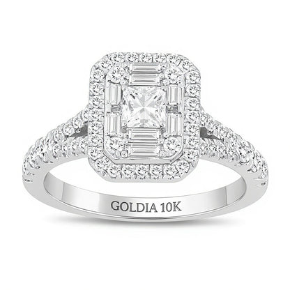 0.75 CT. TW Emerald-Shaped Multi-Diamond Frame Split Shank Engagement Ring in 10K White Gold