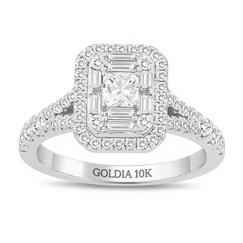 0.75 CT. TW Emerald-Shaped Multi-Diamond Frame Split Shank Engagement Ring in 10K White Gold