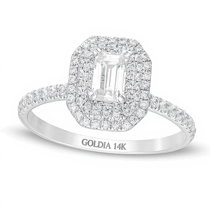 0.75 CT. TW Emerald-Cut Diamond Double Octagonal Frame Engagement Ring in 14K White Gold