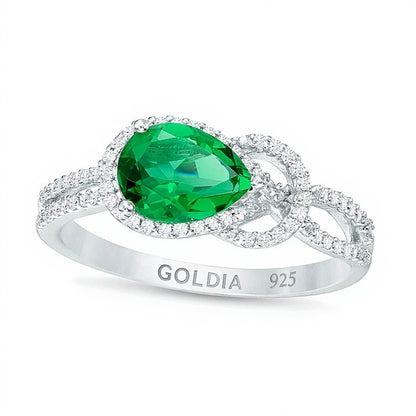 Pear-Shaped Lab-Created Emerald and 0.17 CT. TW Diamond Knot Frame Ring in Sterling Silver