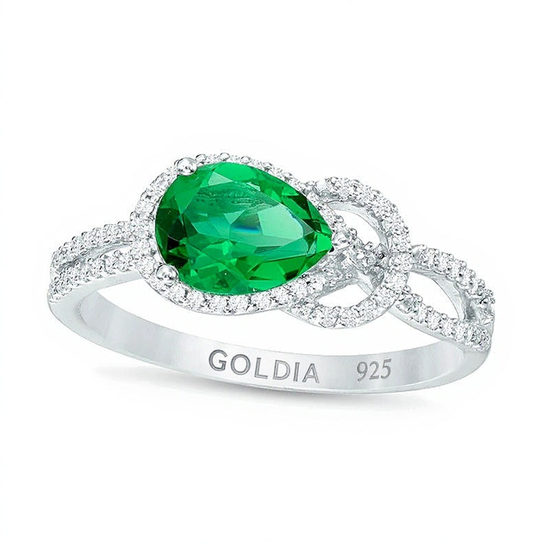 Pear-Shaped Lab-Created Emerald and 0.17 CT. TW Diamond Knot Frame Ring in Sterling Silver