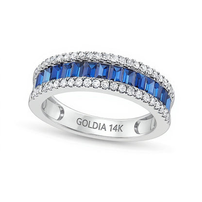 Baguette-Cut Blue Sapphire and 0.33 CT. TW Diamond Edge Band in 14K White Gold