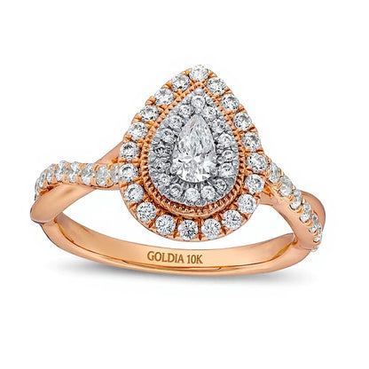 0.75 CT. TW Pear-Shaped Diamond Double Frame Twist Shank Engagement Ring in 10K Rose Gold
