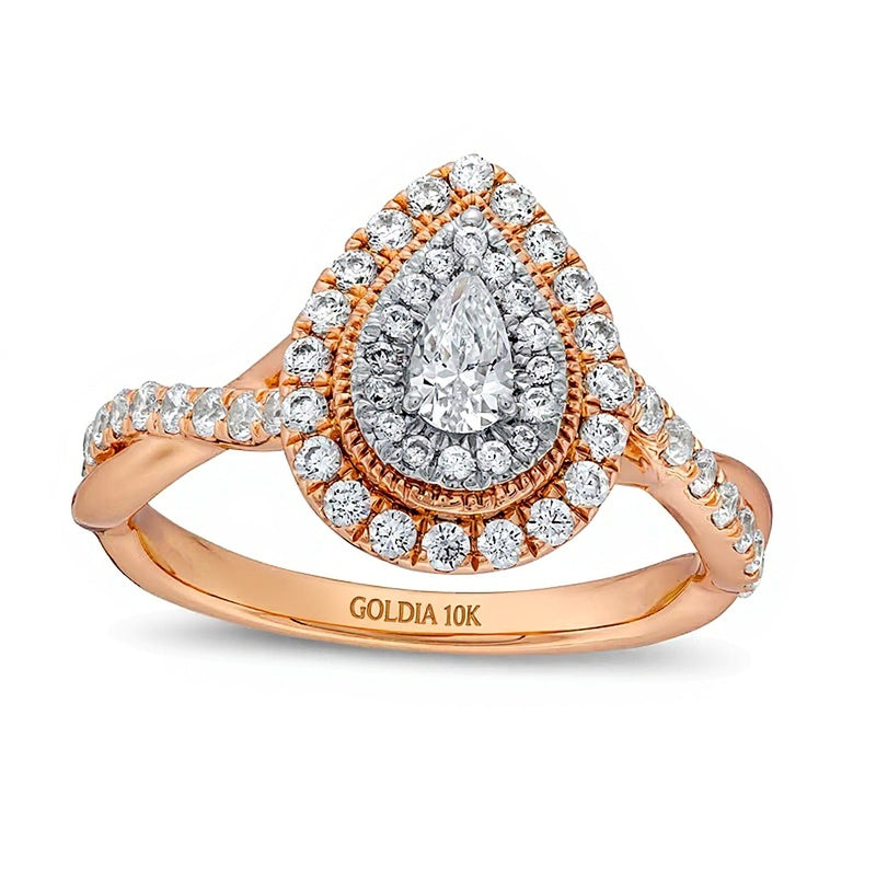 0.75 CT. TW Pear-Shaped Diamond Double Frame Twist Shank Engagement Ring in 10K Rose Gold