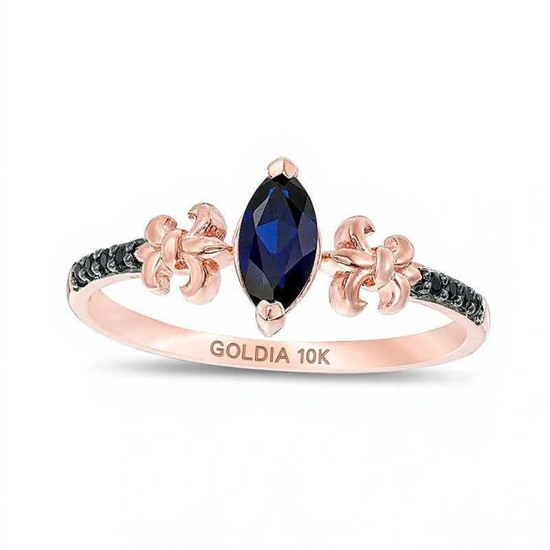 Marquise Lab-Created Blue Sapphire and 0.05 CT. TW Black Diamond Fleur-de-Lis Promise Ring in 10K Rose Gold