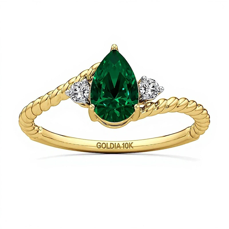 Pear-Shaped Lab-Created Emerald and White Lab-Created Sapphire Three Stone Bypass Shank Ring in 10K Gold
