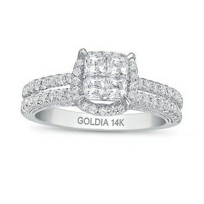1.0 CT. TW Princess-Cut Quad Diamond Frame Vintage-Style Engagement Ring in 14K White Gold
