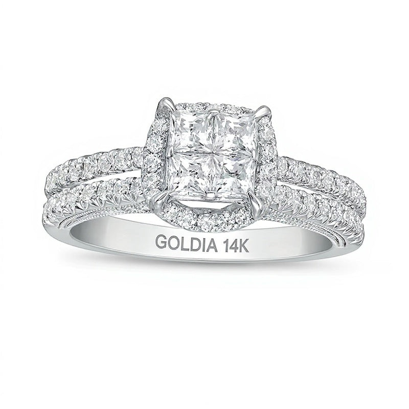 1.0 CT. TW Princess-Cut Quad Diamond Frame Vintage-Style Engagement Ring in 14K White Gold