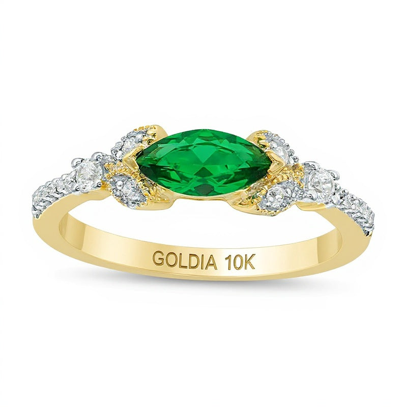 Sideways Marquise Lab-Created Emerald and 0.1 CT. TW Diamond Petals Ring in 10K Gold