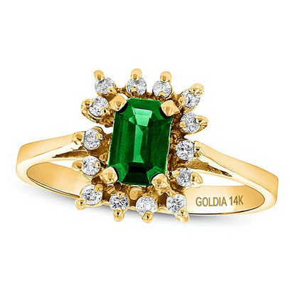 Emerald-Cut Emerald and 0.13 CT. TW Diamond Starburst Frame Ring in 14K Gold