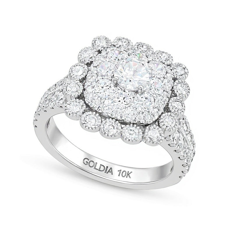 2.0 CT. TW Cushion Multi-Diamond Bubble Frame Vintage-Style Engagement Ring in 10K White Gold