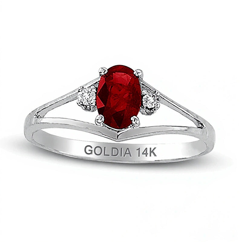 Oval Ruby and Diamond Accent Split Shank Ring in 14K White Gold