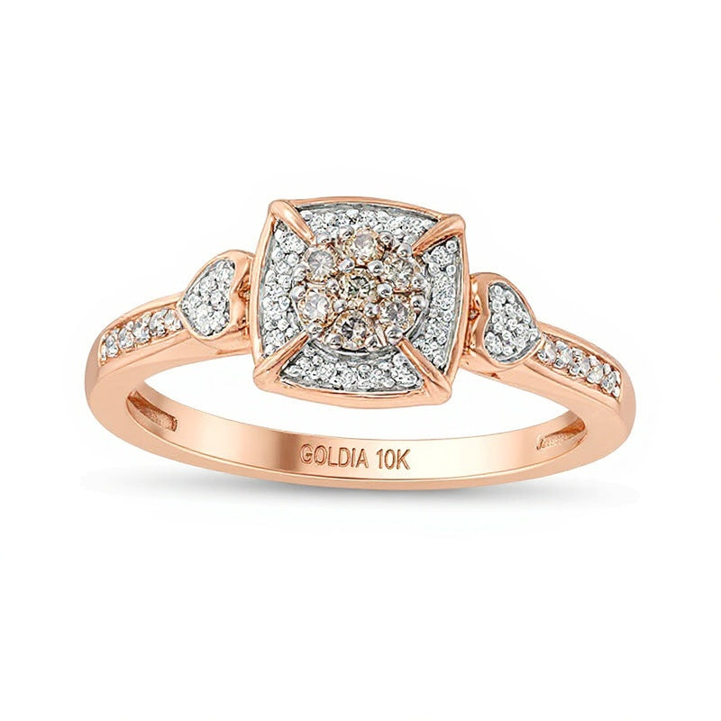 0.2 CT. TW Champagne and White Composite Diamond Cushion Frame Promise Ring in 10K Rose Gold
