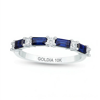 Baguette Lab-Created Blue Sapphire and 0.2 CT. TW Diamond Alternating Four Stone Ring in 10K White Gold