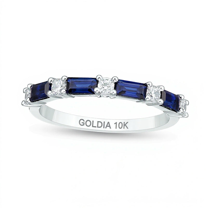 Baguette Lab-Created Blue Sapphire and 0.2 CT. TW Diamond Alternating Four Stone Ring in 10K White Gold