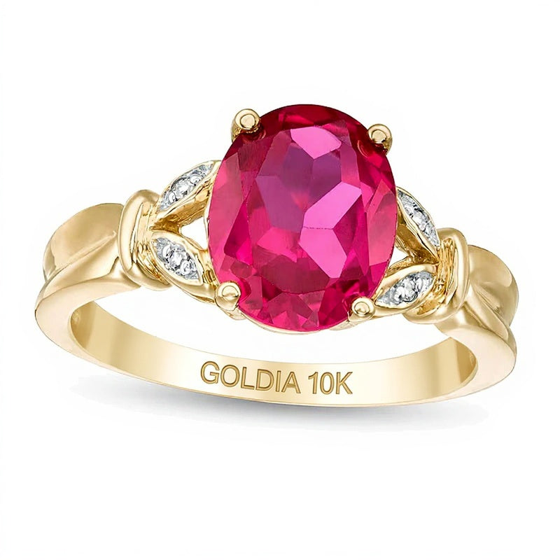 Oval Lab-Created Ruby and Diamond Accent Leaf Split Shank Ring in 10K Gold