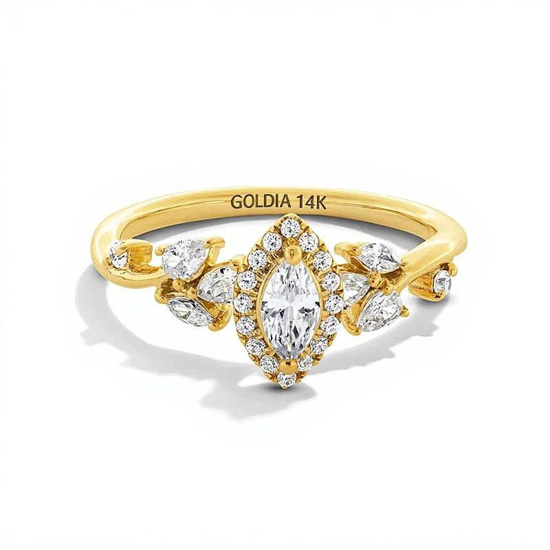 0.75 CT. TW Marquise-Cut Diamond Frame Leaf Shank Engagement Ring in 14K Gold