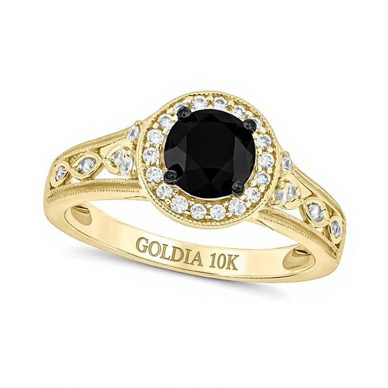 6.0mm Black Sapphire and 0.2 CT. TW Diamond Frame Twist Shank Vintage-Style Engagement Ring in 10K Gold