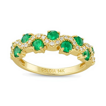 3.0mm Emerald and 0.17 CT. TW Diamond Staggered Wave Band in 14K Gold