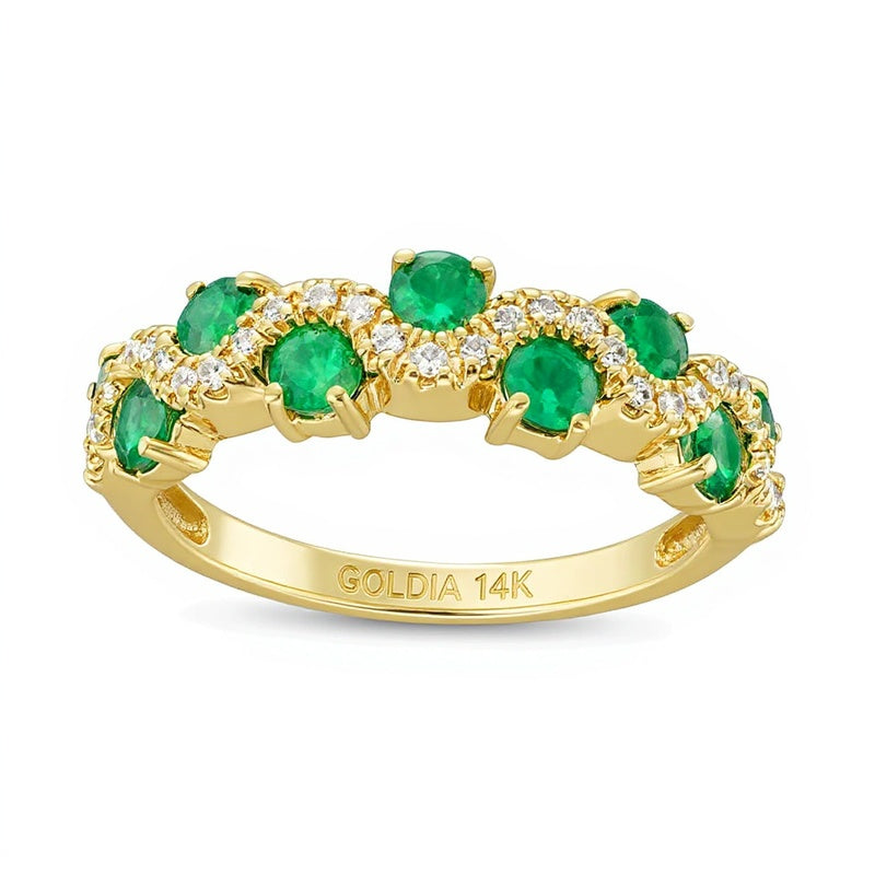 3.0mm Emerald and 0.17 CT. TW Diamond Staggered Wave Band in 14K Gold