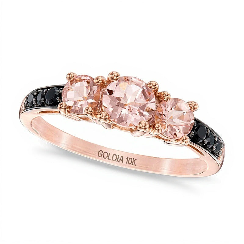 5.0mm Morganite and 0.1 CT. TW Black Diamond Three Stone Ring in 10K Rose Gold