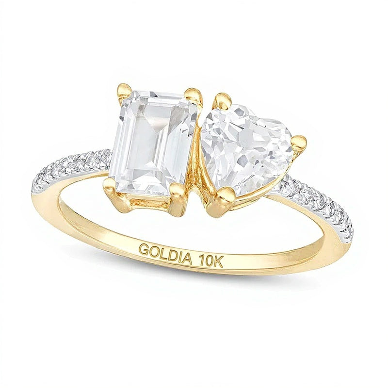 Heart-Shaped and Emerald-Cut White Lab-Created Sapphire and 0.07 CT. TW Diamond Ring in 10K Gold