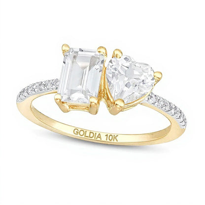 Heart-Shaped and Emerald-Cut White Lab-Created Sapphire and 0.07 CT. TW Diamond Ring in 10K Gold