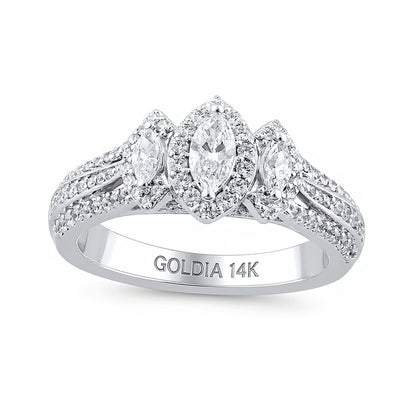 1.0 CT. TW Marquise Diamond Frame Three Stone Triple Row Split Shank Engagement Ring in 14K White Gold