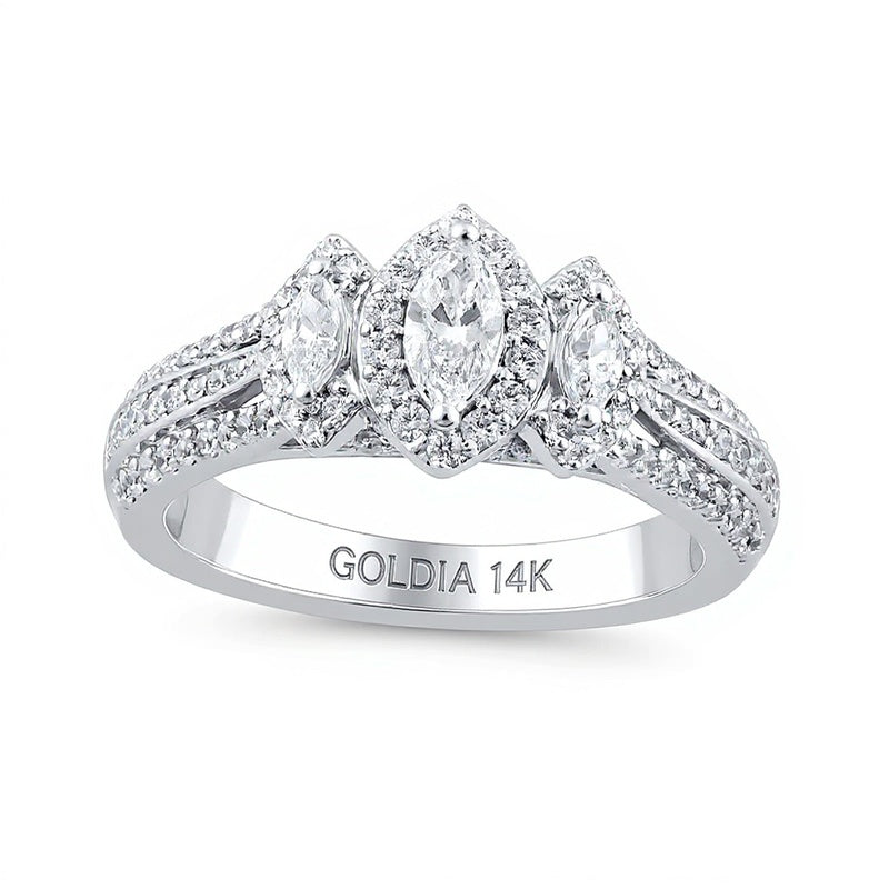 1.0 CT. TW Marquise Diamond Frame Three Stone Triple Row Split Shank Engagement Ring in 14K White Gold