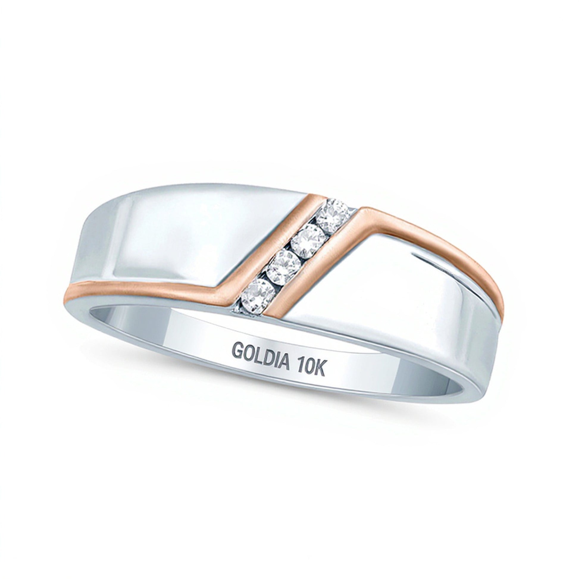 0.1 CT. TW Diamond Four Stone Slant Bypass Stripe Wedding Band in 10K Two-Tone Gold