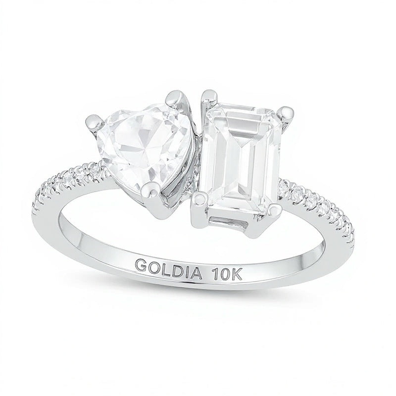Heart-Shaped and Emerald-Cut White Lab-Created Sapphire and 0.07 CT. TW Diamond Ring in 10K White Gold