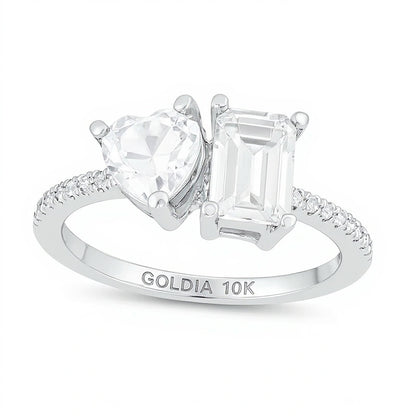 Heart-Shaped and Emerald-Cut White Lab-Created Sapphire and 0.07 CT. TW Diamond Ring in 10K White Gold
