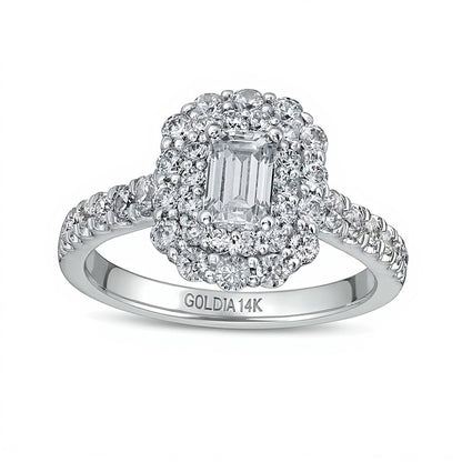 1.5 CT. TW Emerald-Cut Diamond Double Scallop Frame Engagement Ring in 14K White Gold (I/SI2)