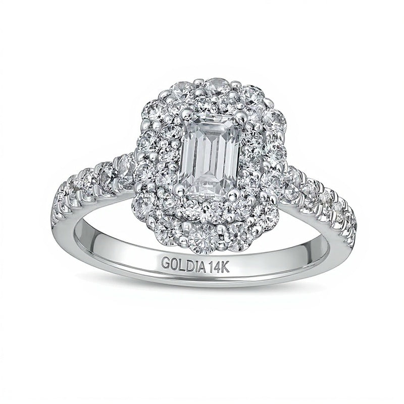 1.5 CT. TW Emerald-Cut Diamond Double Scallop Frame Engagement Ring in 14K White Gold (I/SI2)
