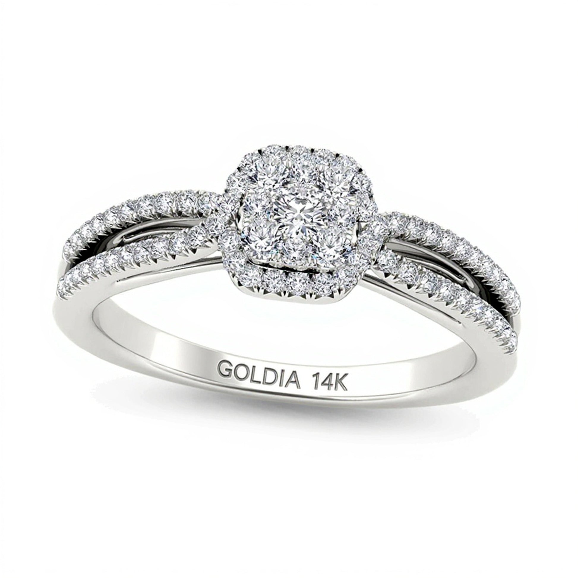 0.38 CT. TW Cushion-Shaped Multi-Diamond Frame Split Shank Engagement Ring in 14K White Gold