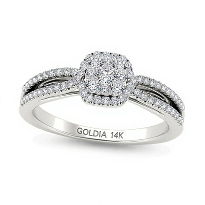 0.38 CT. TW Cushion-Shaped Multi-Diamond Frame Split Shank Engagement Ring in 14K White Gold