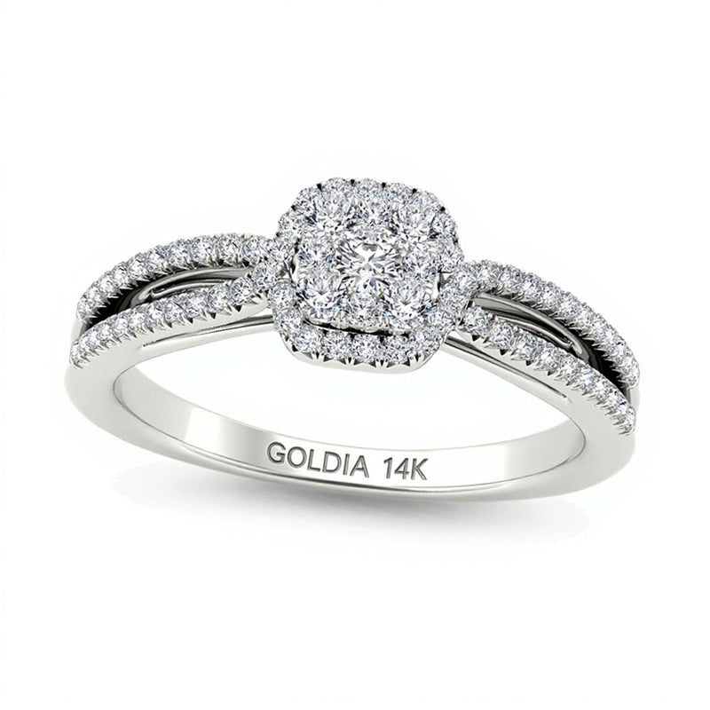 0.38 CT. TW Cushion-Shaped Multi-Diamond Frame Split Shank Engagement Ring in 14K White Gold