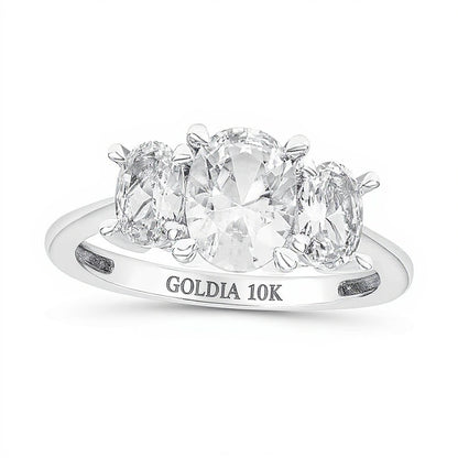 Oval White Lab-Created Sapphire Three Stone Engagement Ring in 10K White Gold